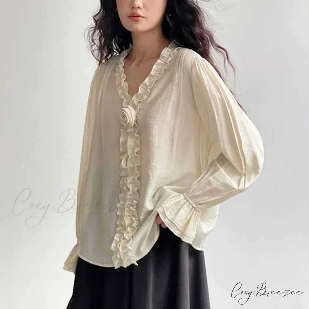 Pink Cotton Rayon Casual Long Sleeve V-Neck Blouse Beige / One Size bohoblouse-250126