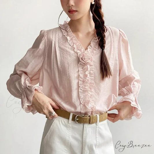 Pink Cotton Rayon Casual Long Sleeve V-Neck Blouse bohoblouse-250126