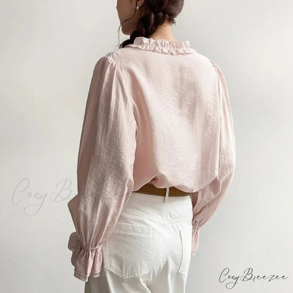 Pink Cotton Rayon Casual Long Sleeve V-Neck Blouse bohoblouse-250126