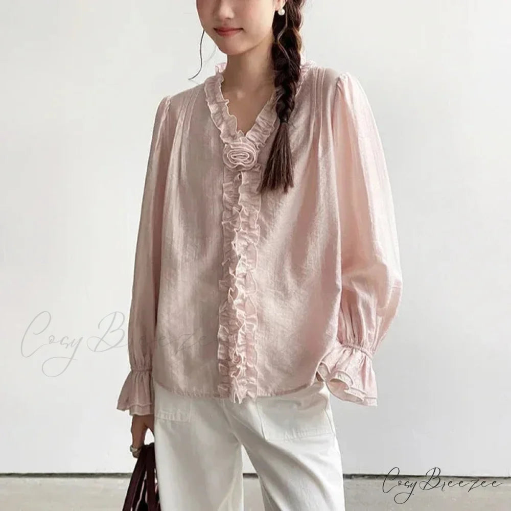 Pink Cotton Rayon Casual Long Sleeve V-Neck Blouse bohoblouse-250126