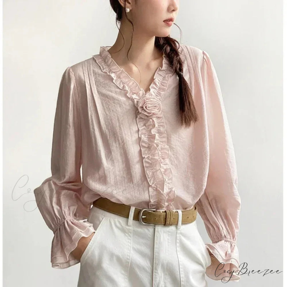 Pink Cotton Rayon Casual Long Sleeve V-Neck Blouse Pink / One Size bohoblouse-250126