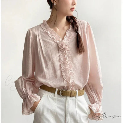 Pink Cotton Rayon Casual Long Sleeve V-Neck Blouse Pink / One Size bohoblouse-250126