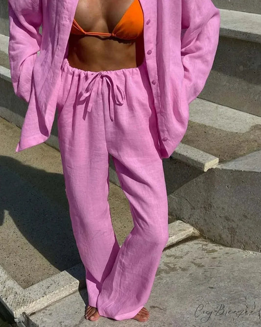 Pink Cotton Single Breasted Trousers Office Set Pink / S officetwopieceset-250223