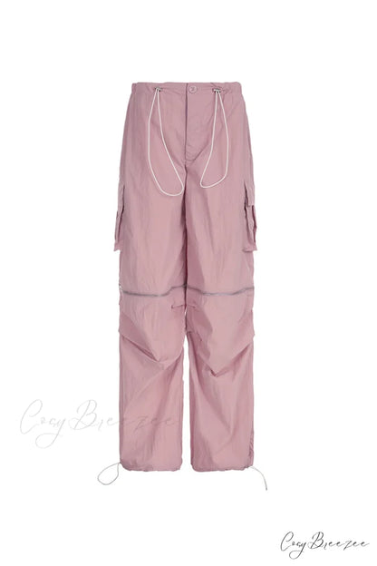 Pink Drawstring Zipper Cargo Pants