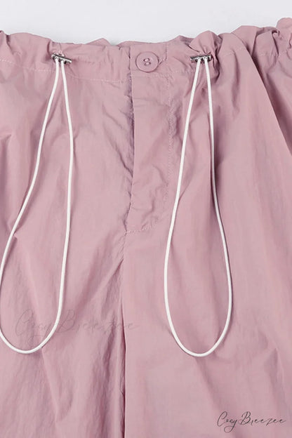 Pink Drawstring Zipper Cargo Pants