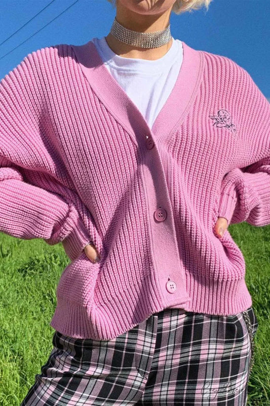 Pink Embroidered Button-Front Cardigan Pink / S