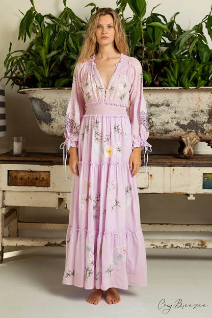 Pink Embroidery Floral Boho Long Sleeve Dress bohodress-250126