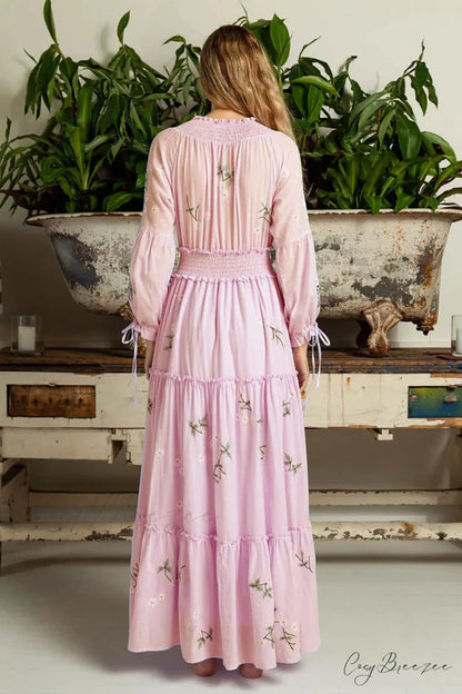 Pink Embroidery Floral Boho Long Sleeve Dress bohodress-250126