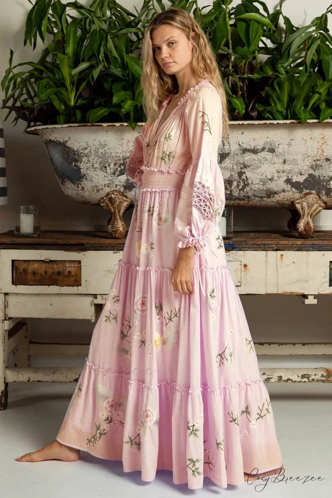 Pink Embroidery Floral Boho Long Sleeve Dress Purple / S bohodress-250126