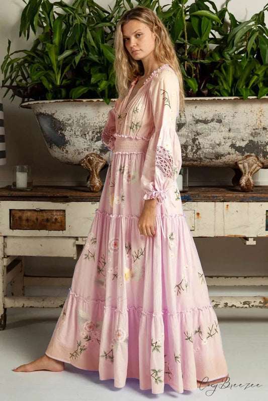 Pink Embroidery Floral Boho Long Sleeve Dress Purple / S bohodress-250126