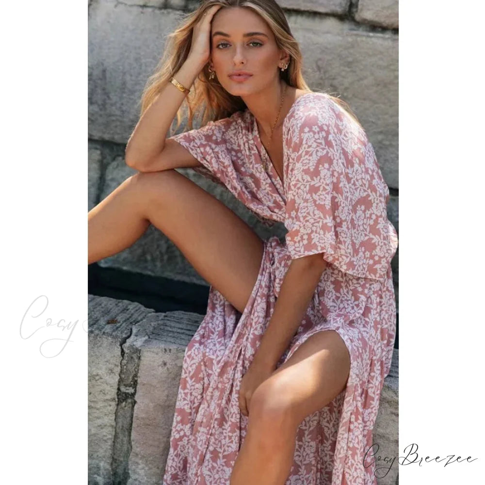 Pink Floral Maxi Dress Sexy Deep V-neck Side Split Boho Dress bohodress-250126