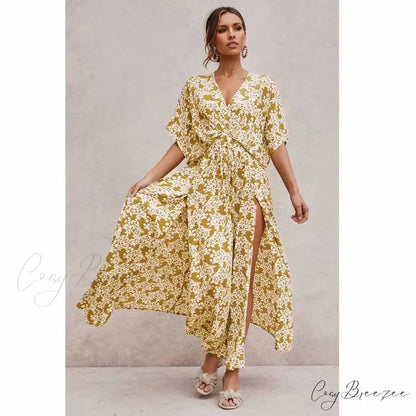 Pink Floral Maxi Dress Sexy Deep V-neck Side Split Boho Dress Yellow / S bohodress-250126