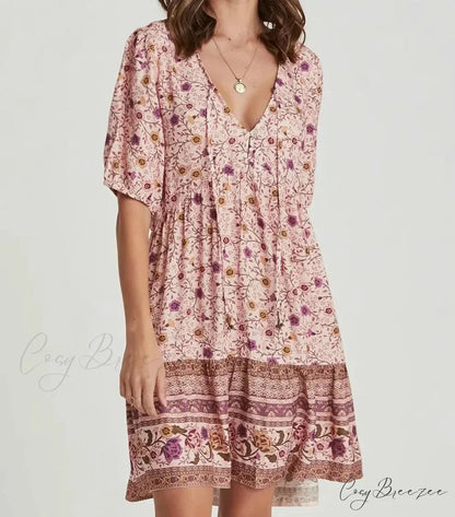 Pink Floral Print Robe A-line Mini Dress Women Beach Boho Summer Dress bohodress-250126