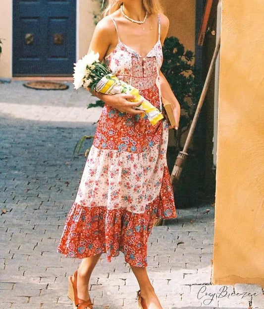 Pink Floral Print Sleeveless Strap Rayon Summer Maxi Dress red / S bohodress-250126