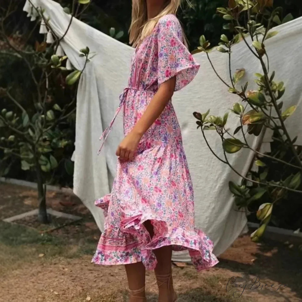 Pink Floral Print V-neck Rayon Vacation Maxi Boho Dress bohodress-250126