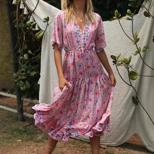 Pink Floral Print V-neck Rayon Vacation Maxi Boho Dress Pink / S bohodress-250126