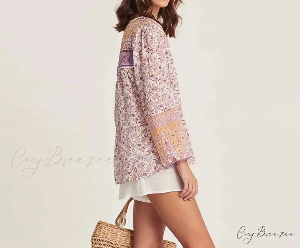 Pink Floral Printed Loose Long Sleeve Boho Blouse bohoblouse-250126