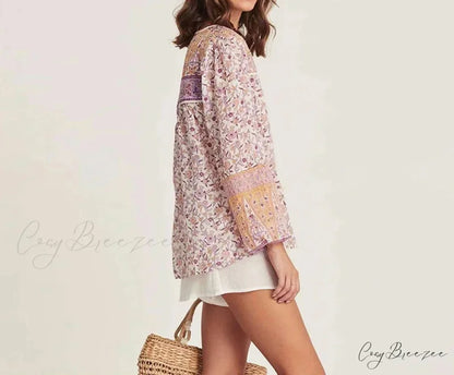Pink Floral Printed Loose Long Sleeve Boho Blouse bohoblouse-250126