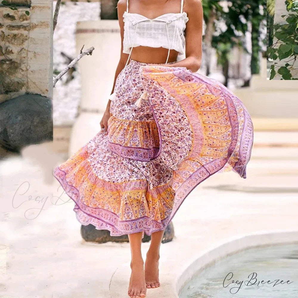Pink Floral Printed Loose Long Sleeve Boho Blouse skirt / S bohoblouse-250126