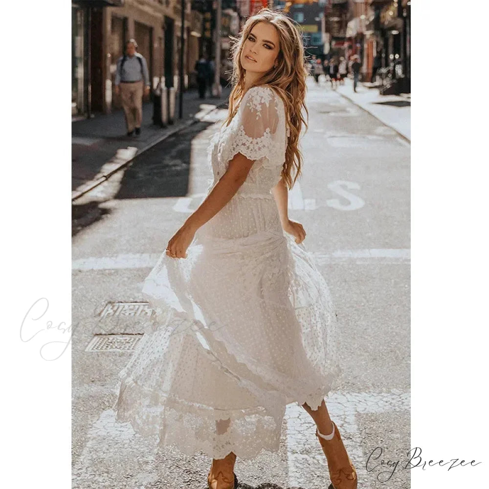 Pink Floral Square Collar Short Sleeve Boho Dress bohodress-250126
