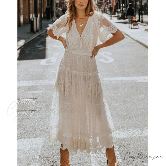 Pink Floral Square Collar Short Sleeve Boho Dress White / S bohodress-250126