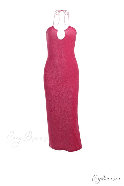 Pink Glitter Tie-back Dress with Slit