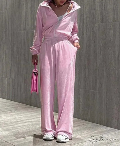 Pink Knitting Zipper Straight Trousers Office Set Pink / S officetwopieceset-250223