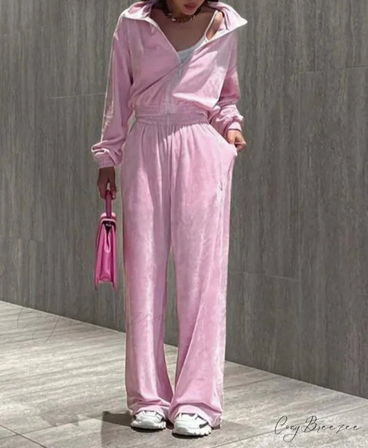 Pink Knitting Zipper Straight Trousers Office Set Pink / S officetwopieceset-250223