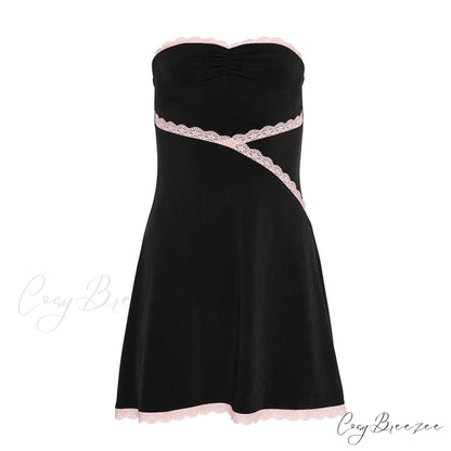 Pink Lace Trim Charming Black Tube Mini Dress Black / S