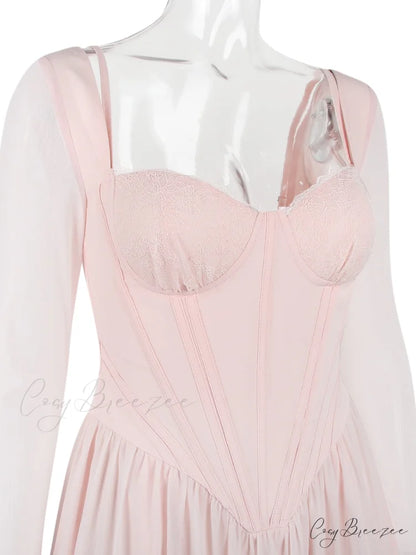 Pink Long Sleeve Charming Bustier Frill Mini Dress