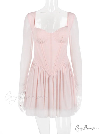 Pink Long Sleeve Charming Bustier Frill Mini Dress