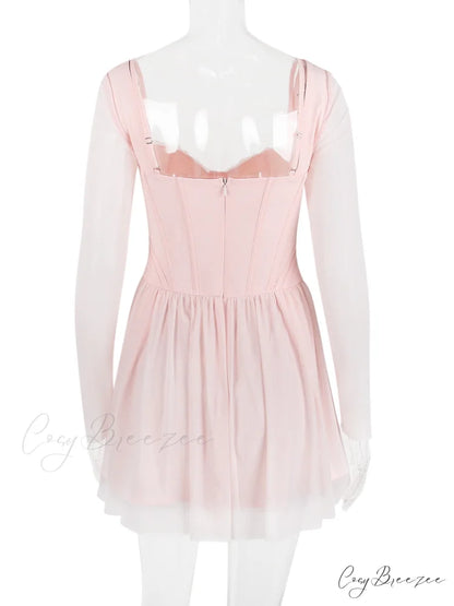 Pink Long Sleeve Charming Bustier Frill Mini Dress