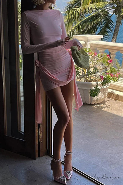 Pink Long Sleeve Floral Ribbon Dress with Ruched Detail Pink / XL