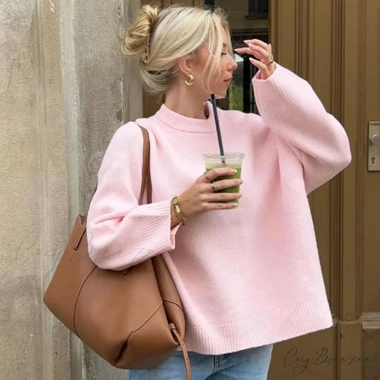 Pink O-neck Loose Casual Pullover Sweater Pink / S swraters-241228