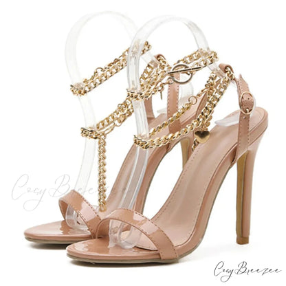 Pink Patent Leather Summer Women’s Sandals with Metal Chain Ankle Strap and Stiletto Heels Apricot / 35