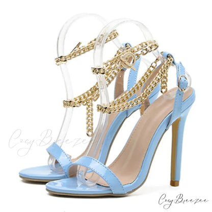 Pink Patent Leather Summer Women’s Sandals with Metal Chain Ankle Strap and Stiletto Heels Blue / 35