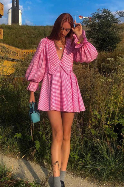 Pink Plaid A-Line Babydoll Dress with Lapel Pink / M