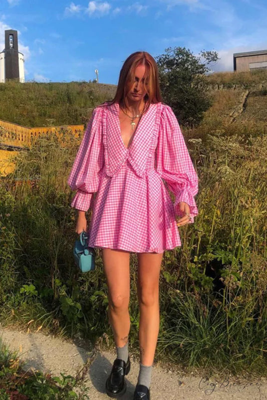 Pink Plaid A-Line Babydoll Dress with Lapel Pink / S