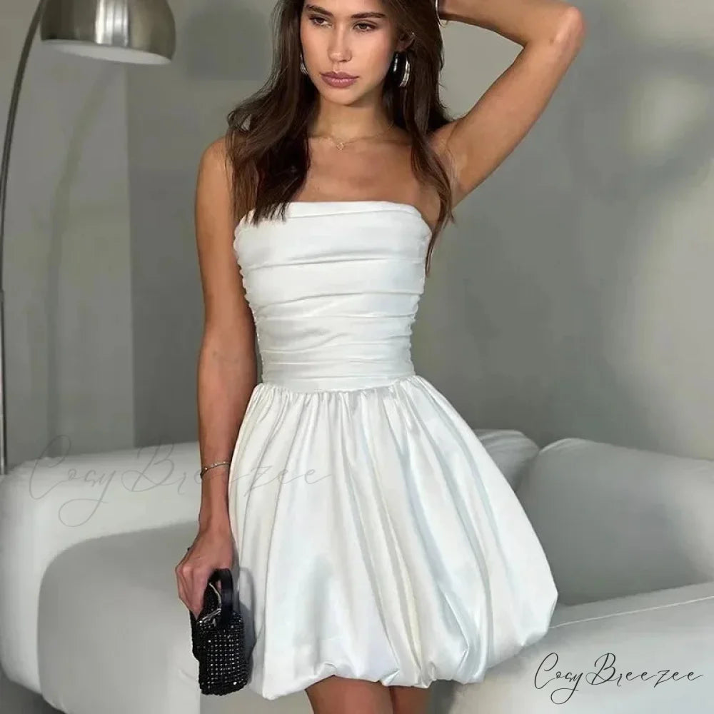 Pink Pleated One-Shoulder Mini Gown White / S minidress-250223