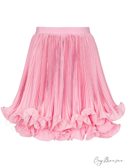 Pink Pleated Stylish Frill Mini Skirt Pink / M