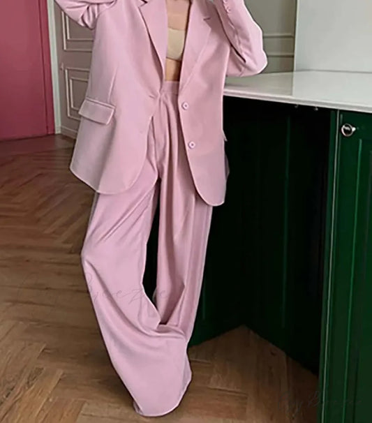 Pink Pockets Blazer Straight Trousers Office Set Pink / S officetwopieceset-250223