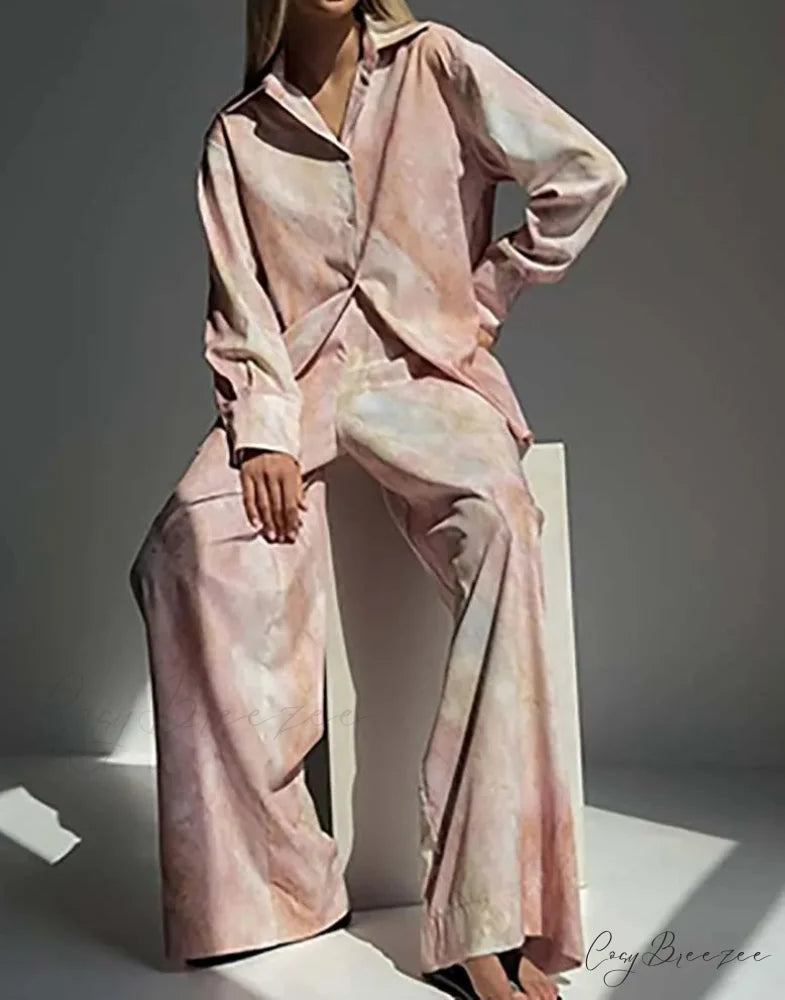 Pink Print Lapel Drawstring Trousers Office Set officetwopieceset-250223