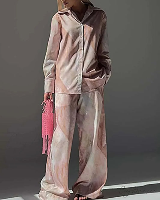 Pink Print Lapel Drawstring Trousers Office Set Pink / S officetwopieceset-250223