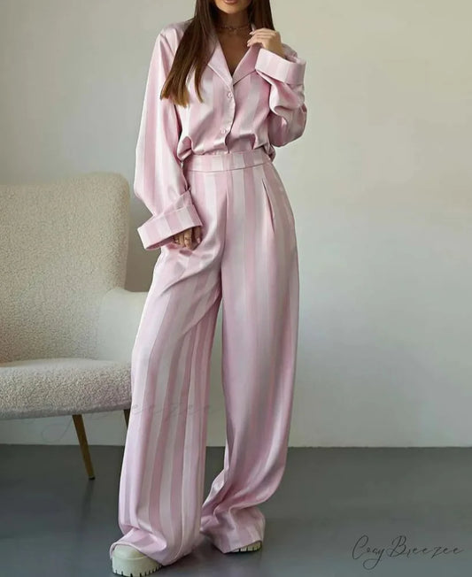 Pink Print Lapel Full Pants Office Set Pink / S officetwopieceset-250223