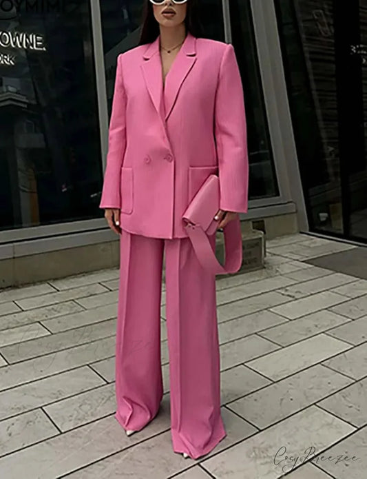 Pink Print Pockets Blazer Trousers Office Set Pink / S officetwopieceset-250223