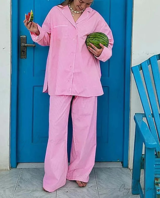 Pink Print Pockets Straight Trousers Office Set Pink / S officetwopieceset-250223