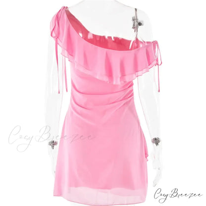 Pink Ruffled Stylish Shoulder Mini Dress