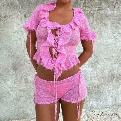 Pink Ruffles Sheer Charming Top And Shorts Set Pink / S