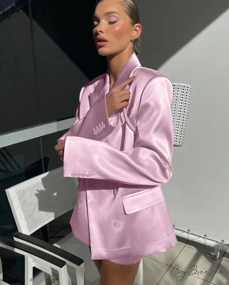 Pink Satin Blazer Charming And Mini Skirt Set
