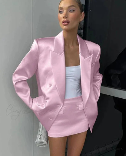 Pink Satin Blazer Charming And Mini Skirt Set Pink / S